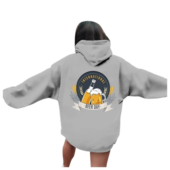 Women's Oktoberfest Printed Drop Shoulder Hoodie for Everyday Wear and Casual in Autumn/Winter Season Gray XL