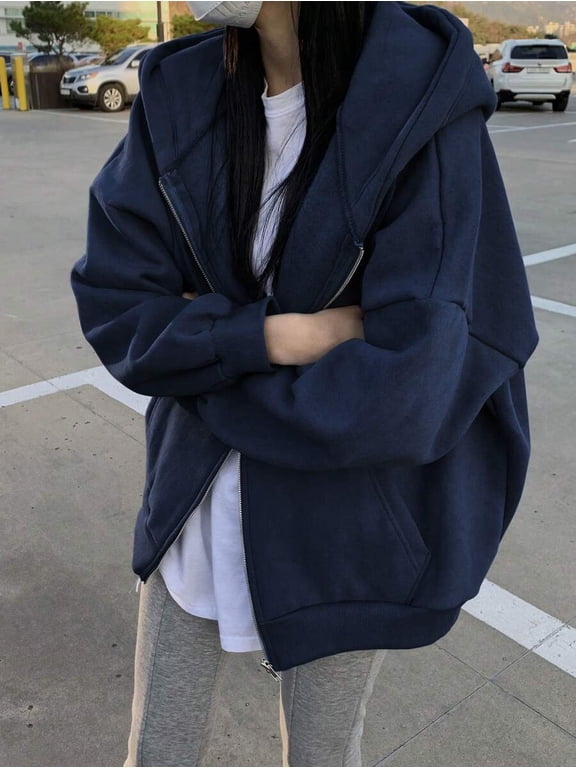 Women's Old Money Style Hooded Outerwear Drop Shoulder Long Sleeve Zip Front Oversized Loose Sweatshirt Jacket Casual Daily Outfit