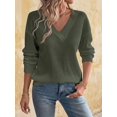 thumbnail image 1 of Women's Olive Green Ribbed Knit V-Neck Sweater Drop Shoulder Loose Fit Long Sleeve Pullover for Fall Winter Layering with Jeans Daily Outfits, 1 of 8