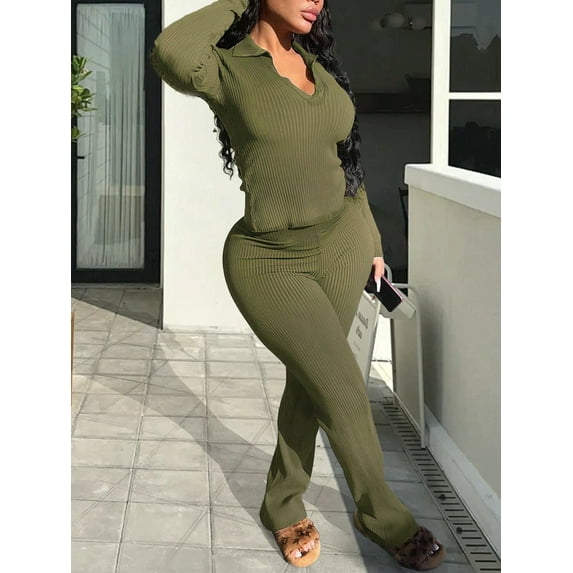 Women’s Olive Green Ribbed Two‑Piece Set – Cropped Long‑Sleeve Top & High‑Waisted Flared Pants, Casual Autumn Sportswear