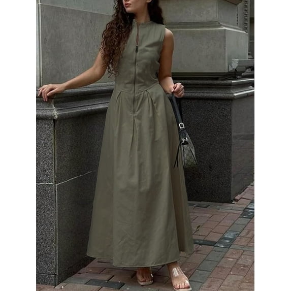 Women’s Olive Green Sleeveless Zip Front Maxi Dress Stand Collar Pleated A Line Dress with Side Pockets