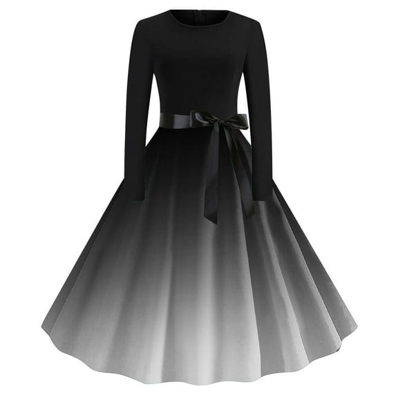 DailyTrove Women's Ombre Fit & Flare Dress, Long Sleeve, Casual Beach & Evening Wear, Lightweight Rayon Blend, Contrast Hem