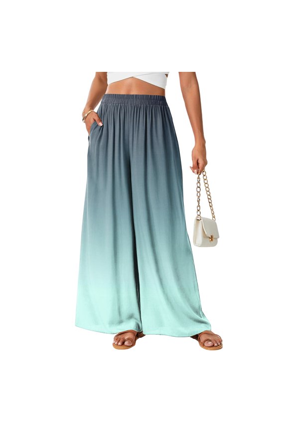 Women's Ombre Gradient Palazzo Pants, High Waisted Wide Leg Long Trousers with Pockets, Casual Summer Beach Flowy Skirt Pants