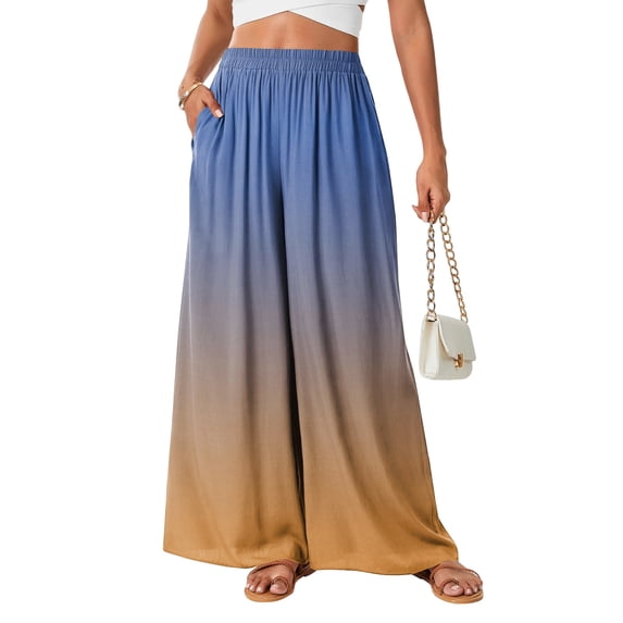 Women's Ombre Gradient Palazzo Pants, High Waisted Wide Leg Long Trousers with Pockets, Casual Summer Beach Flowy Skirt Pants