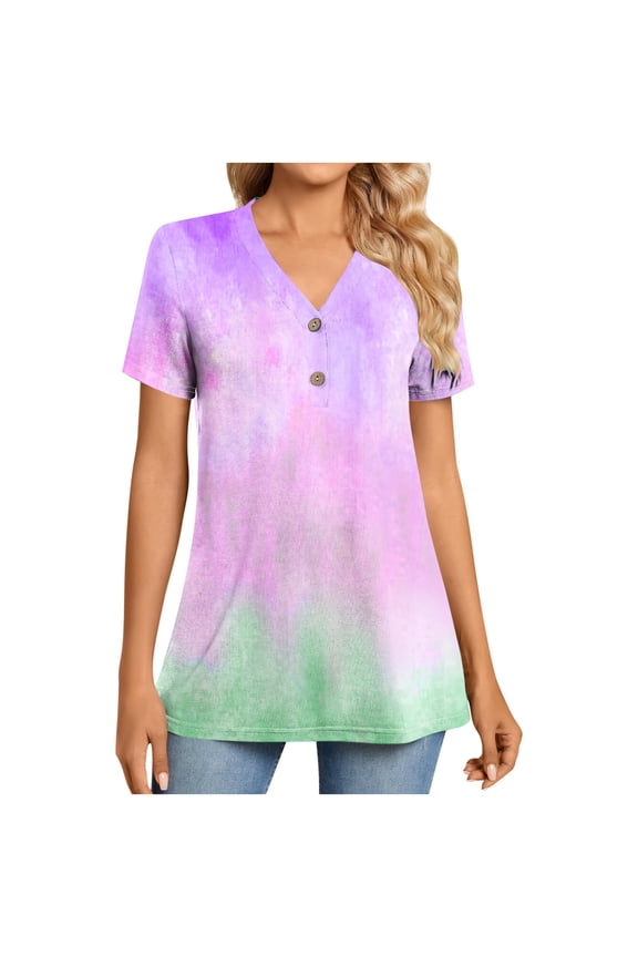 Women's Ombre Gradient Short Sleeve T-Shirt, Crew Neck Color Transition Tee, Soft Casual Basic Top