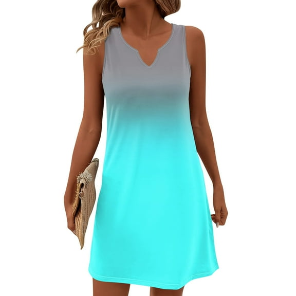 Women's Ombre Gradient V-Neck Sleeveless Sundress Solid Color Summer Casual Dress with Ruffled Hem for City Walks,Cyan S