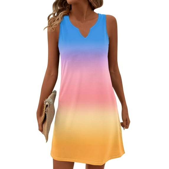 Women's Ombre Gradient V-Neck Sleeveless Sundress Solid Color Summer Casual Dress with Ruffled Hem for City Walks,Multicolor XL