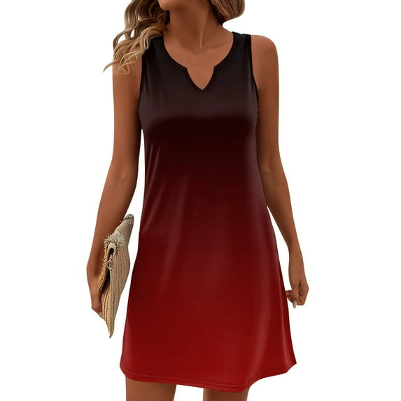 Women's Ombre Gradient V-Neck Sleeveless Sundress Solid Color Summer Casual Dress with Ruffled Hem for City Walks,Wine 3XL