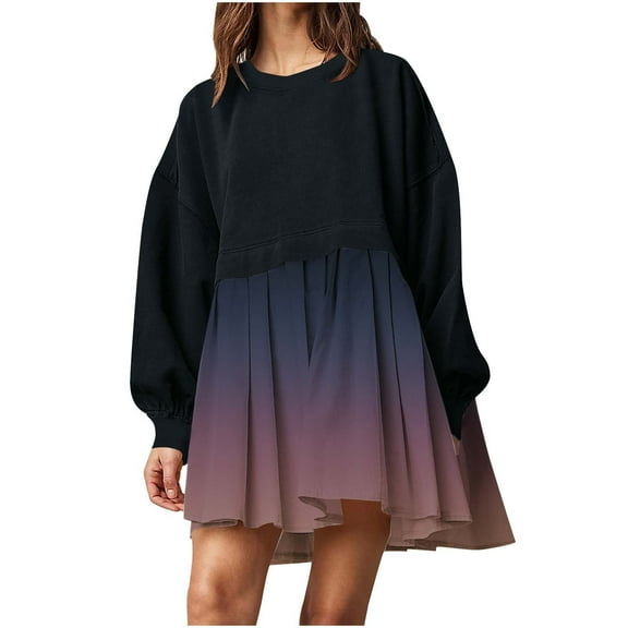 DailyTrove Women's Ombre Oversized Mini Dress, Long Sleeve, Casual Lounge & Cultural Event Wear, Soft Cotton Blend, Relaxed Fit, Plus Size Friendly