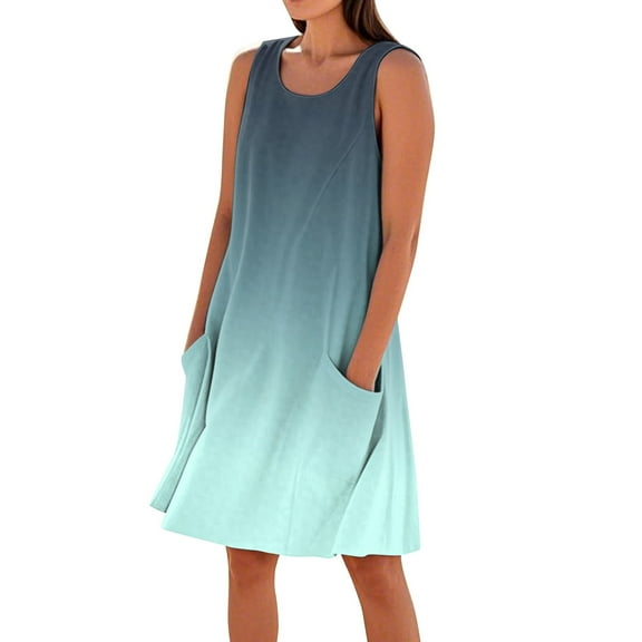 Women's Ombre Print Sleeveless Tank Dress Loose Fit Beach Dress with Contrast Binding and Side Pockets for Summer Festivals,Cyan XL
