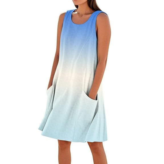 Women's Ombre Print Sleeveless Tank Dress Loose Fit Beach Dress with Contrast Binding and Side Pockets for Summer Festivals,Light Blue S