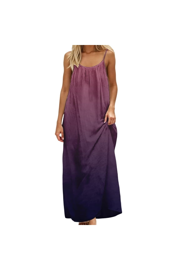 Women's Ombre Printed Backless Spaghetti Strap Maxi Dress Loose Flowy A Line Beach Vacation Dress Dark Purple 3XL