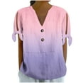thumbnail image 1 of Women's Ombre Short Sleeve T-Shirt V-Neck Button Front Tie Detail Top in Soft Linen-Cotton Blend, Loose Fit Casual Blouse, 1 of 7