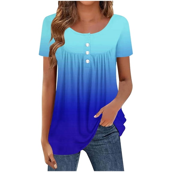 Women's Ombre Short Sleeve Top Round Neck Button Detail Ruffle Blouse in Soft Fabric for Casual Summer Wear