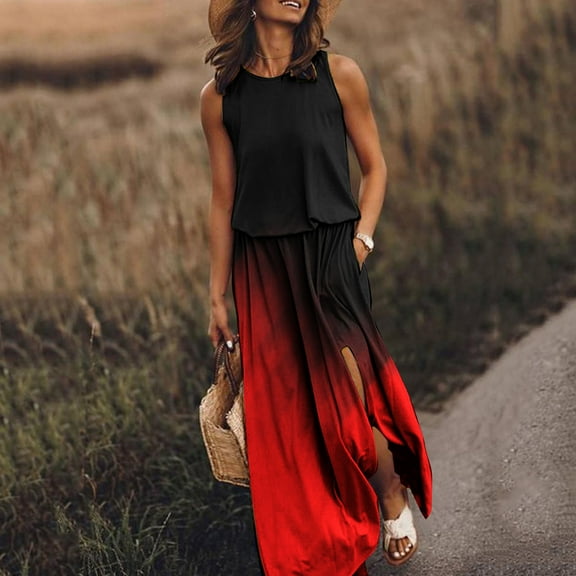 DailyTrove Women's Ombre Sleeveless Maxi Dress, Two-Tone Gradient, Casual Beach & Evening Wear, Stretchy Knit Fabric