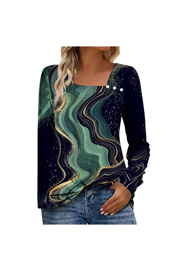 Women's Ombre Square Neck Long Sleeve Shirt - Asymmetric Button Casual Tunic Blouse, Soft Cotton-Blend Gradient Print Top for Fall/Spring