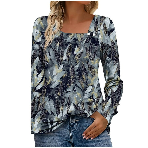 Women's Ombre Square Neck Long Sleeve Shirt - Asymmetric Button Casual Tunic Blouse, Soft Cotton-Blend Gradient Print Top for Fall/Spring