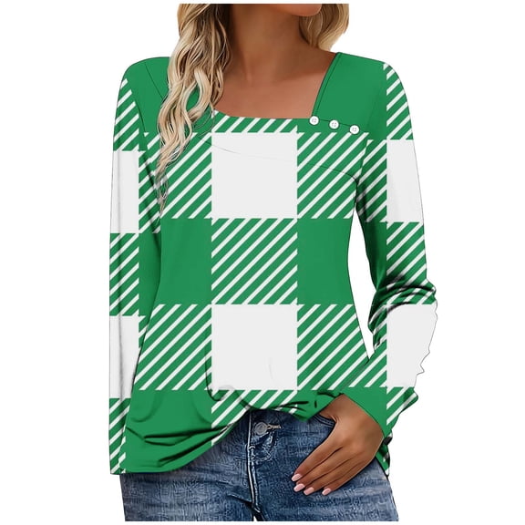 Women's Ombre Square Neck Long Sleeve Shirt - Asymmetric Button Casual Tunic Blouse, Soft Cotton-Blend Gradient Print Top for Fall/Spring