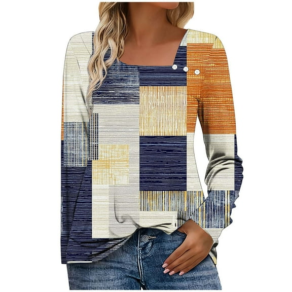 Women's Ombre Square Neck Long Sleeve Shirt - Asymmetric Button Casual Tunic Blouse, Soft Cotton-Blend Gradient Print Top for Fall/Spring