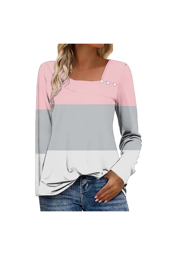Women's Ombre Square Neck Long Sleeve Shirt - Asymmetric Button Casual Tunic Blouse, Soft Cotton-Blend Gradient Print Top for Fall/Spring