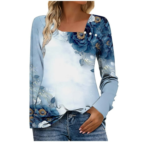 Women's Ombre Square Neck Long Sleeve Shirt - Asymmetric Button Casual Tunic Blouse, Soft Cotton-Blend Gradient Print Top for Fall/Spring