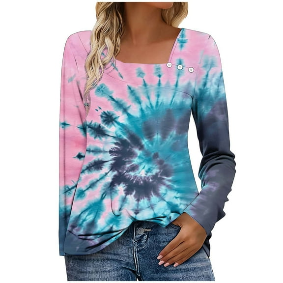 Women's Ombre Square Neck Long Sleeve Shirt - Asymmetric Button Casual Tunic Blouse, Soft Cotton-Blend Gradient Print Top for Fall/Spring