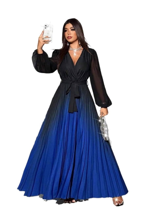 Women’s Ombre V-Neck Long Sleeve Dress with Belt, Mesh Patchwork Elegant Party Midi Dress