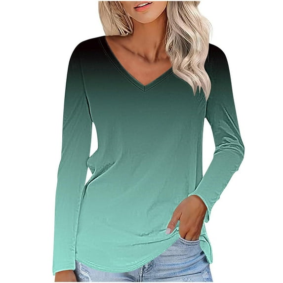Women's Ombre V-Neck Long Sleeve T-Shirt - Soft Stretch Tee, Loose Gradient Basic Blouse for Spring/Summer/Fall Daily/Going-Out Wear