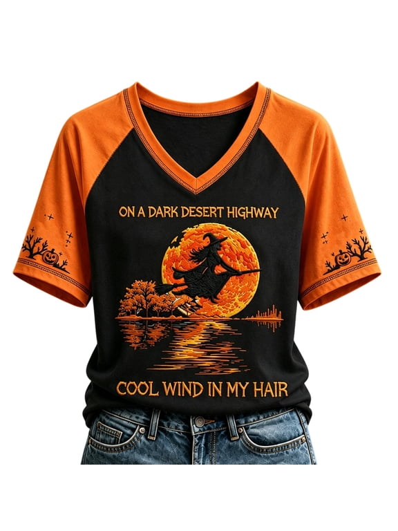 Women's On A Dark Desert Highway Cool Wind in My Hair Flying Witch Shirt, Vintage Halloween Short Sleeve V-Neck Fall Spooky Graphic Tops Tee Black XL