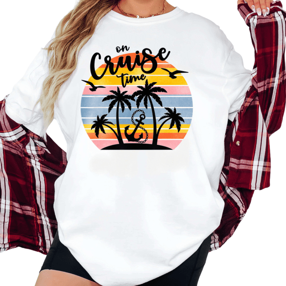Women's On Cruise Time Retro Sunset Palm Tree Anchor Graphic Breathable Tee Short Sleeve Round Neck Top White S-5XL
