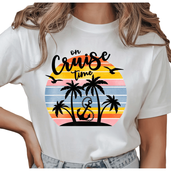 Women's On Cruise Time Retro Sunset Palm Tree Anchor Graphic Breathable Tee Short Sleeve Round Neck Top White S-5XL