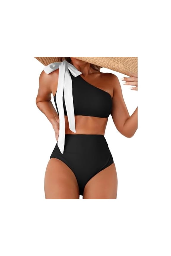 Women's One Bow Shoulder Bikini Sets 2 Piece Ruched Swimsuit Elegant Bathing Suit