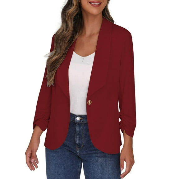 Women's One Button Cotton Blazers 3/4 Sleeve Casual Suit Jackets Lightweight Cardigan Jacket for Business Causal
