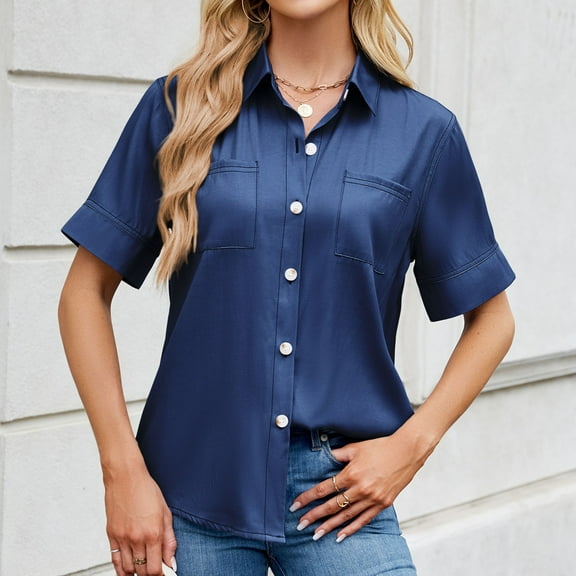 Women's One Button Imitation Denim Short Sleeved Loose Shirt Woman Button down Tennis Clothes Women Business Casual Shirt Women Formal Shirts for Women Plain T Shirt Women Women Button down Blouse V