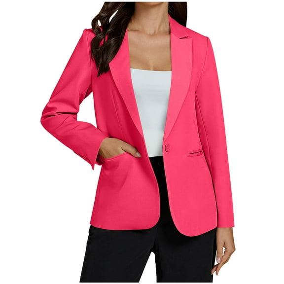 Women's One Button Suit Jacket Long Sleeve Notch Lapel Collar Dressy Blazers with Pockets Business Casual Outfits (L, Hot Pink)