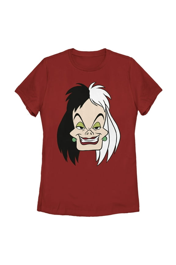 Women's One Hundred and One Dalmatians Cruella De Vil Face Portrait Graphic Tee Red Large