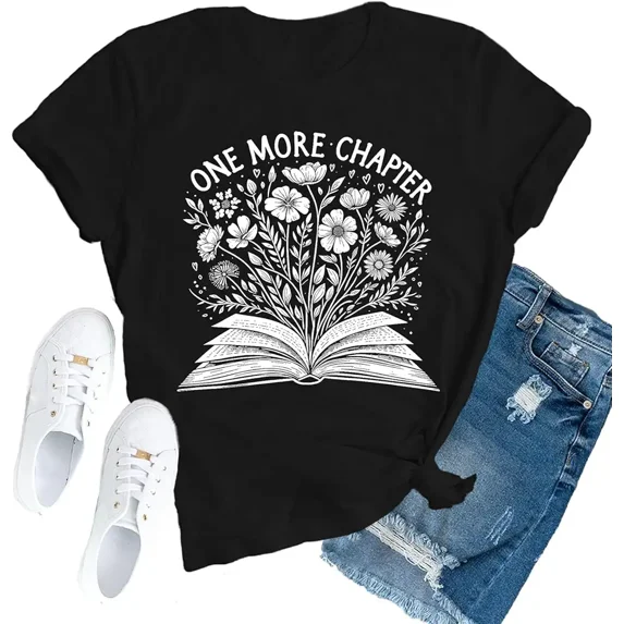 Women's One More Chapter Floral Bookish Graphic T-Shirt Short Sleeve Casual Reading Tee
