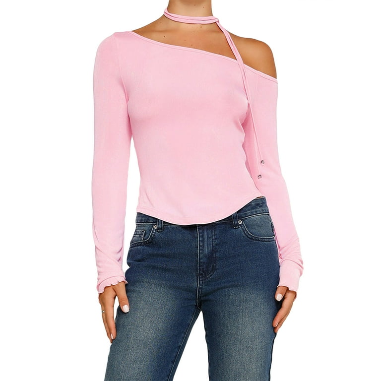 Pink Off Shoulder Long Sleeves T-Shirt Blouse Pink Off Shoulder Long Sleeves T-Shirt Blouse