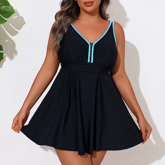 Women's One Piece Bathing Suit Plus Size Swim Dress Swimsuit Tummy Control Front Zipper Swimwear for Beach