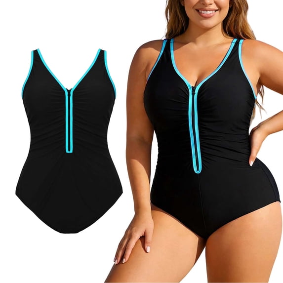 Women's One Piece Bathing Suit Plus Size Swimsuit Tummy Control Front Zipper Swimwear for Beach