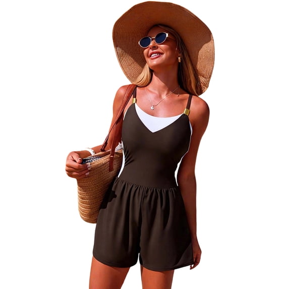 Women's One Piece Bathing Suit Spaghetti Strap Color Block Shorts Swimsuit Quick Dry Stretchy Swimwear (L, Coffee)