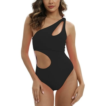 Women's One Piece Bathing Suits One Shoulder Cutout Swimsuit Swimwear Monokini Sexy Halter One Piece Tummy Control Solid Color Beach Swimsuit S-XXL