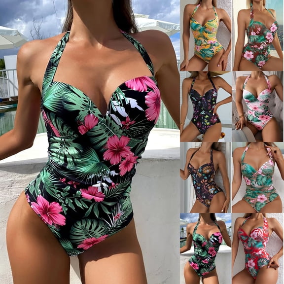 Women's One Piece Bikini Swimsuit Fashion Printed Sexy with Removable Bra Pads No Underwire for Beach Vacation,Coffee,XL
