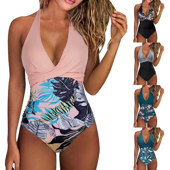 Women's One Piece Bikini Swimsuit Print Patchwork Backless Halter Tie with Removable Bra Pads No Underwire for Beach Vacation,Green,M