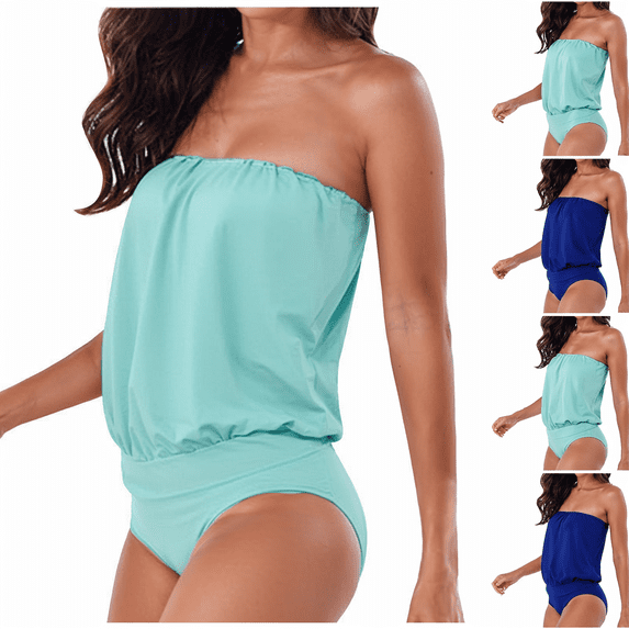 Women's One Piece Bikini Swimsuit Tube Top Off Shoulder Sexy Solid Color Swimsuit for Beach Pool Party,Dark Blue,L