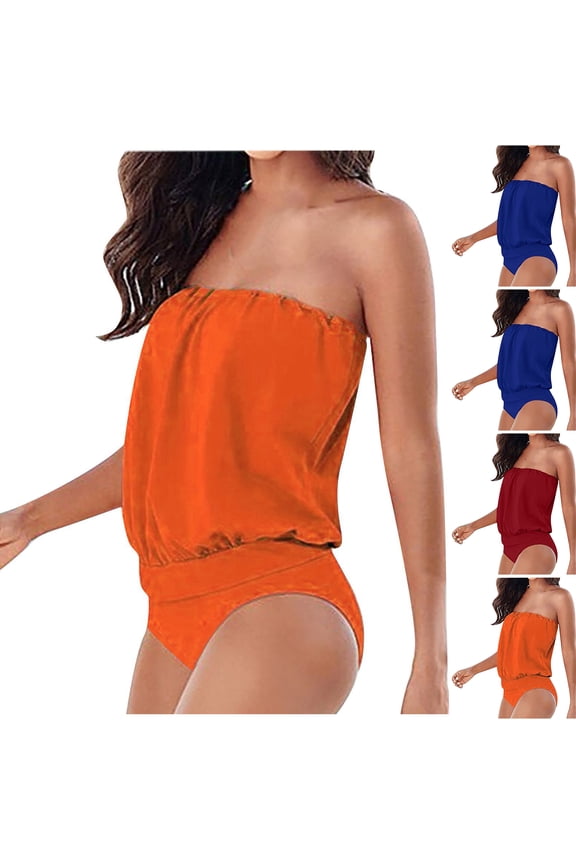 Women's One Piece Bikini Swimsuit Tube Top Off Shoulder Sexy Solid Color for Beach Vacation Pool Party,Red,S