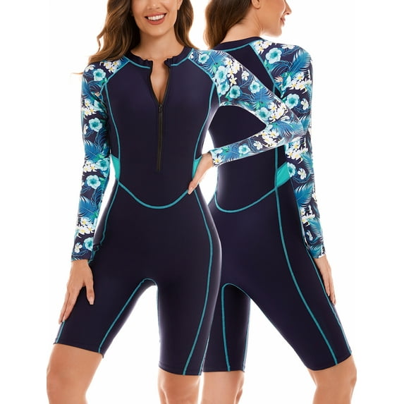 Women’s One Piece Boyleg Surfing Swimsuit Floral Printed Long Sleeve Rash Guard UPF 50+ Bathing Suit Swimwear