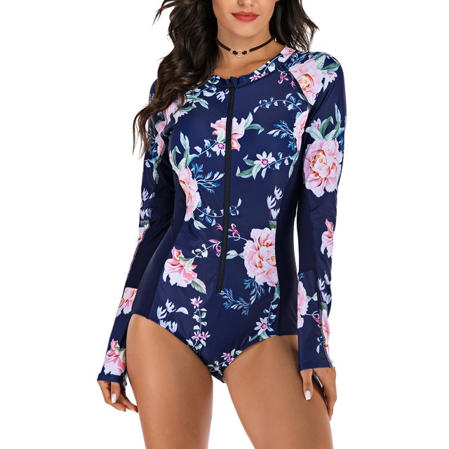 Women's One Piece Floral Surfing Swimsuit Long Sleeve Rash Guard Sun