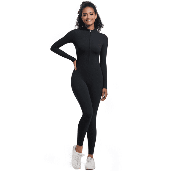 Women’s One-Piece Jumpsuit Full-Length Long Sleeve Zip Front Slim Fit Stretchy Active Bodysuit Yoga Workout Gym Training Athleisure Lounge Wear Soft Lightweight Trendy Essentials