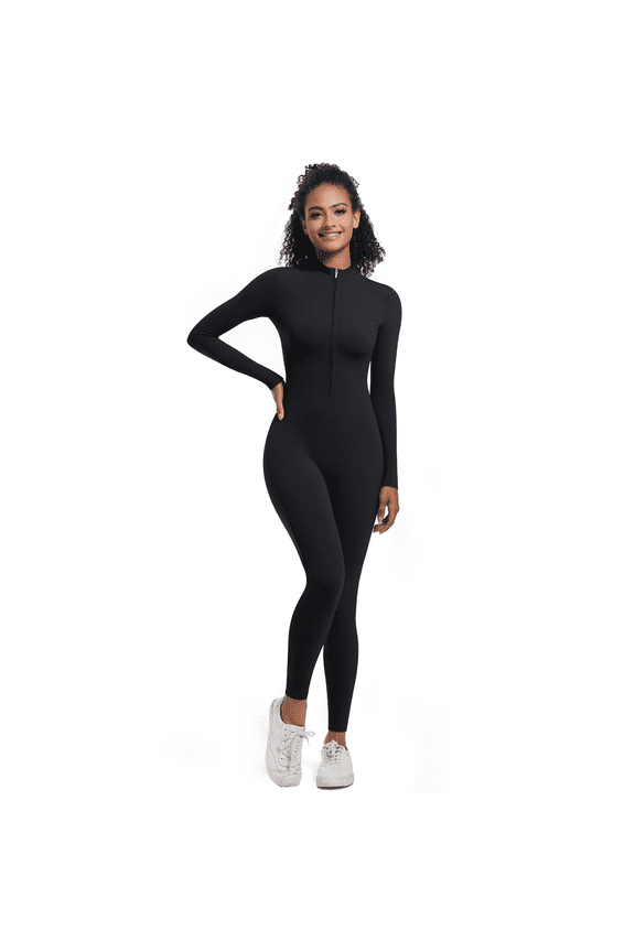 Women’s One-Piece Jumpsuit Full-Length Long Sleeve Zip Front Slim Fit Stretchy Active Bodysuit Yoga Workout Gym Training Athleisure Lounge Wear Soft Lightweight Trendy Essentials
